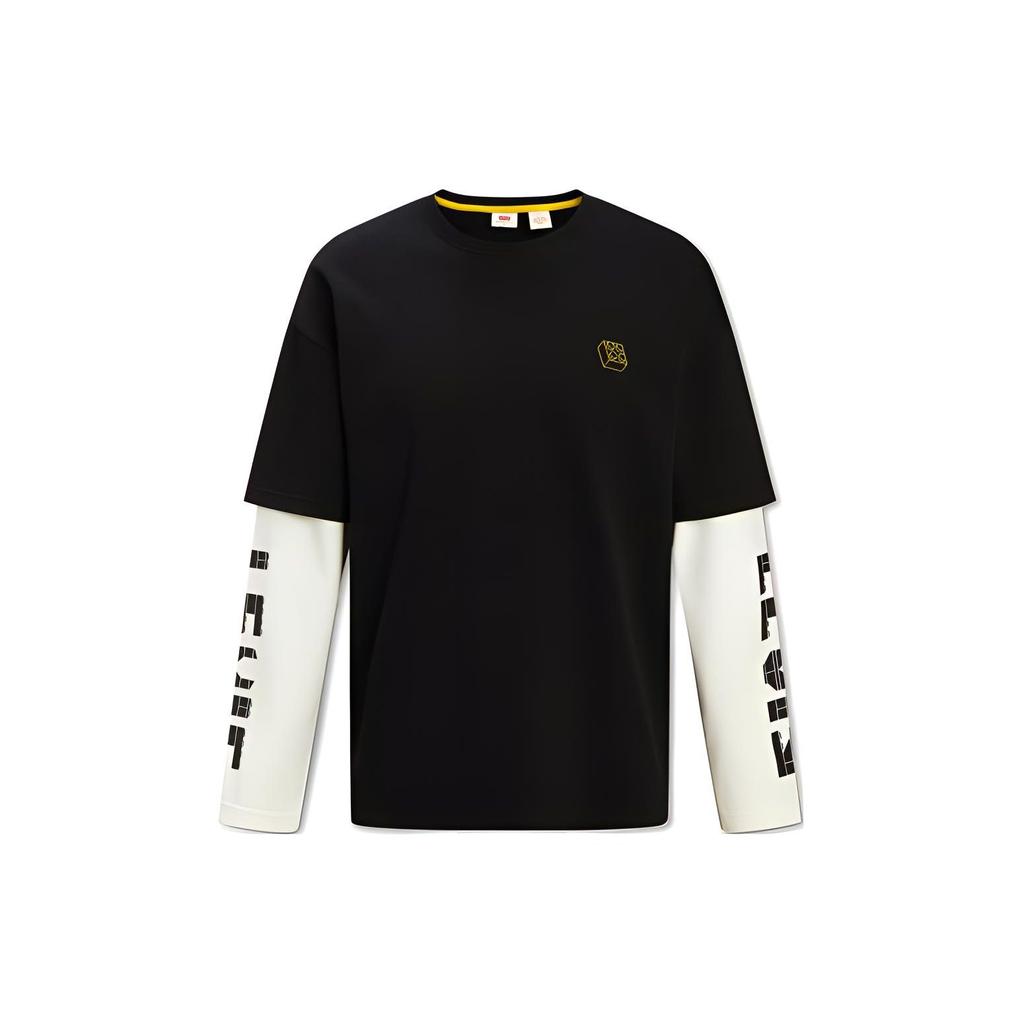Levis Lego Collaboration Series Faux Two-Piece Letter Print Long Sleeve T-Shirt Unisex Tops Black A5439-0001