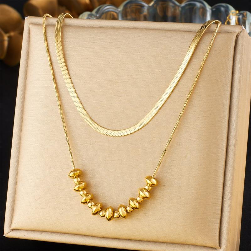 Gold Double Layer Herringbone Chain Bead Station Necklace