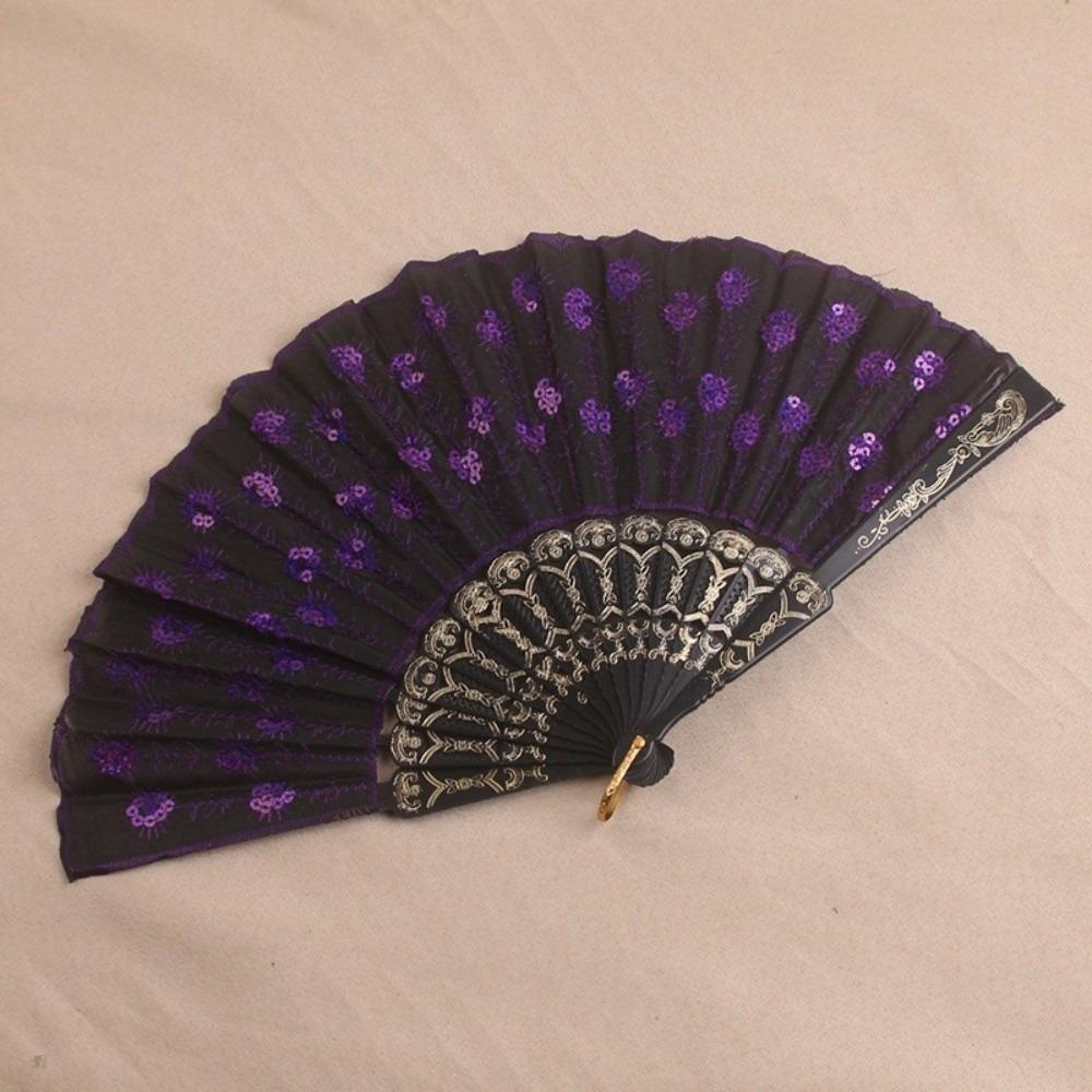 Sequin Embroidery Chinese Folding Fan Peacock Pattern Handheld Fan Plastic Fan Home Decor