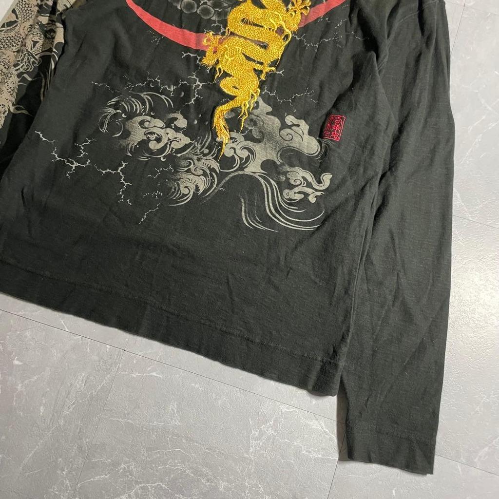 Used archive Karaku-Tamashii Gold Rising Dragon Embroidery Japanese Pattern Long Sleeve Shirt L Size
