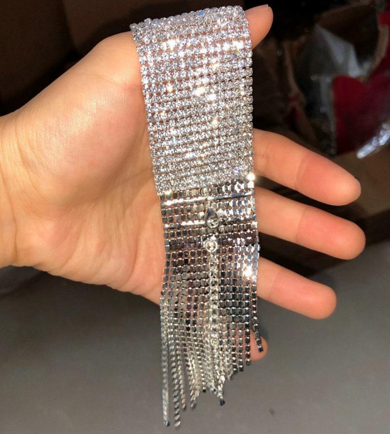 Hot Sale Full CZ Cubic Zirconia Wide Long Tassel Strand Bracelets for Women Silver Plated Copper Accessories Wholesale