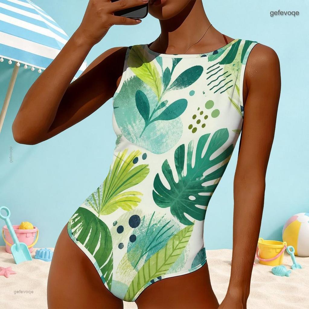Women Plus Size High Round Neck Sleeveless Tropical Leaf Printed One Piece Swimsuit
