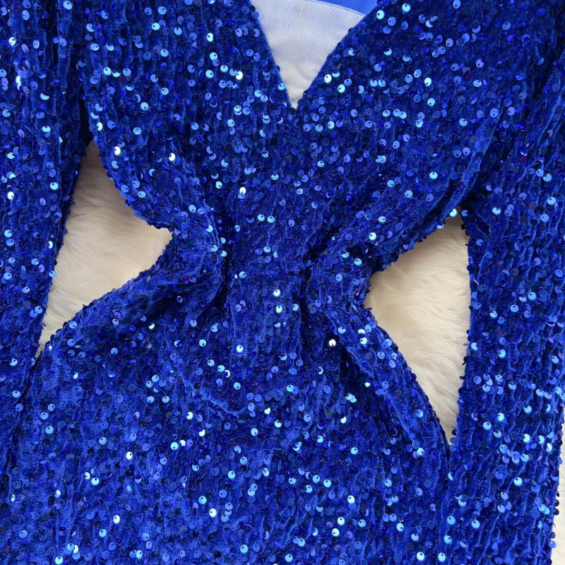 Winter Chic Sequin New One Piece Dress V-neck Long Sleeve Sexy Club Dresses Female Korean Fashion Vintage Evening Party Dress 2024