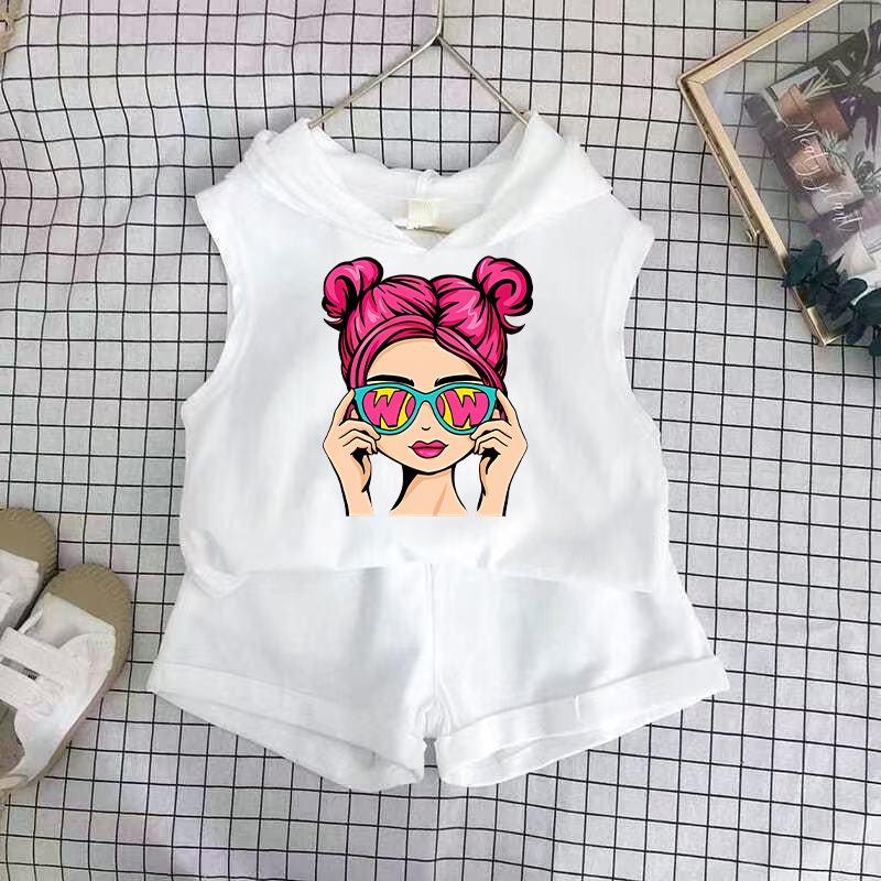 Girls Cotton Cartoon Print Tank Top And Shorts Set Fashionable Summer Two Piece Outfit For Kids