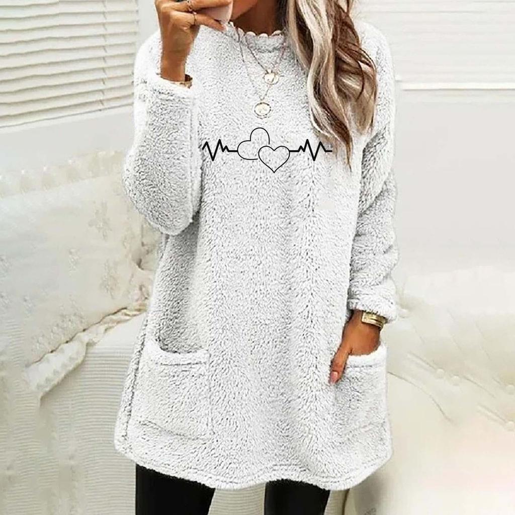 Winter Women's New Love Print Round Neck Loose Long Sleeve Pocket Plush Sweater For Women