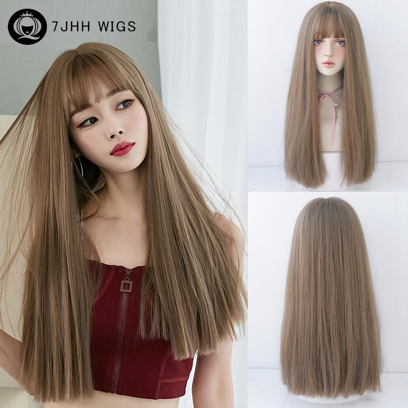 Straight Layered Blonde Wigs With Neat Bangs High Density Synthetic Natural Fake Hair Wig For Women Daily Cosplay Party Wigs