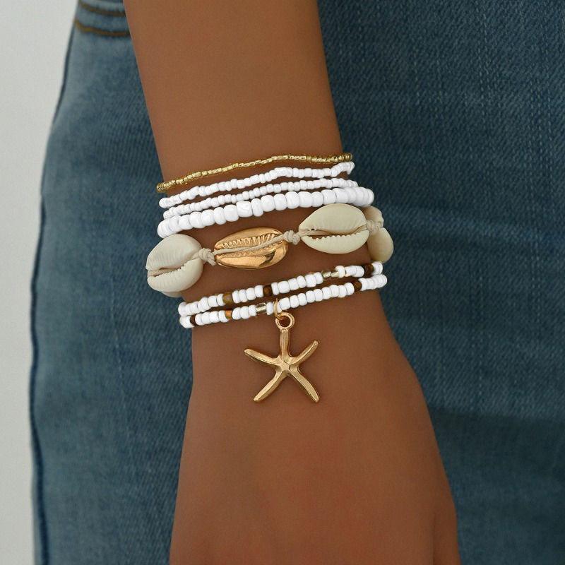 Bohemian Shell Starfish Bead Bracelet Set for Women Fashion Summer Beach Multilayer Stacked Bracelets Party Jewelry Gifts