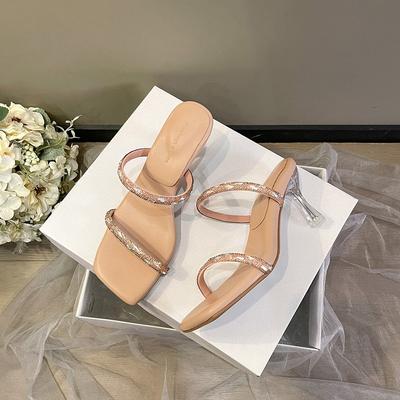 2025 New Design Style Hollow Out Crystal Diamond Narrow Band Women Slippers Fashion Square Toe Thin Heels Stripper Shoes