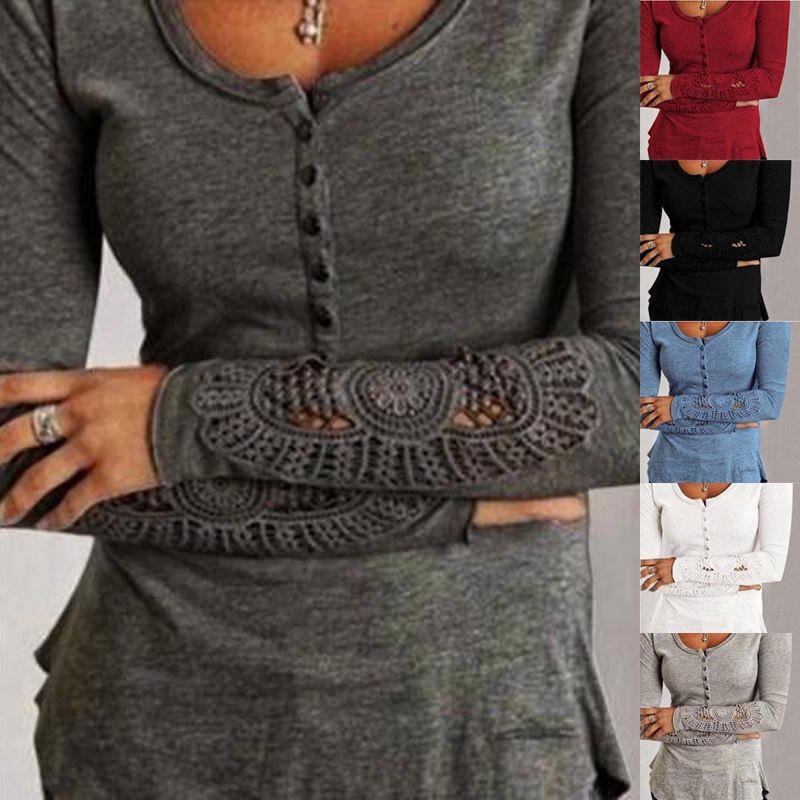 Elegante Damen Casual Hohlspitze Langarmbluse mit Rundhalsausschnitt