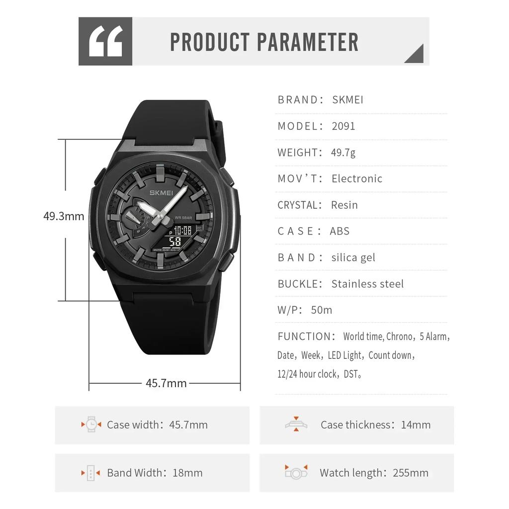 SKMEI 2091 Waterproof Men Countdown Chrono Wriswatch 5 Alarms Date Clock Reloj Hombre with Japan Digital Movement Sport Watches