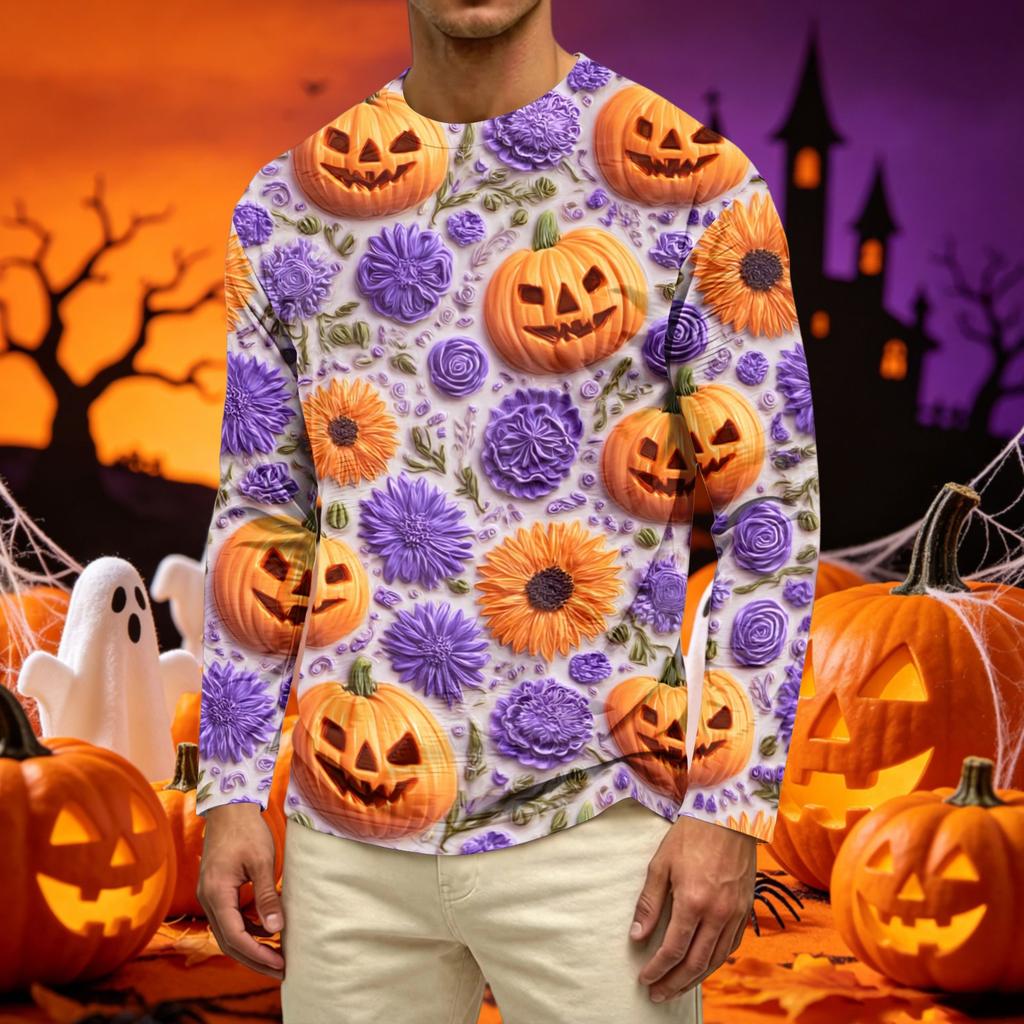 Men's Casual Long Sleeve Crew Neck T-Shirt with Pumpkin and Floral Print Comfortable Fit Lightweight Fabric Suitable for Daily Wear
