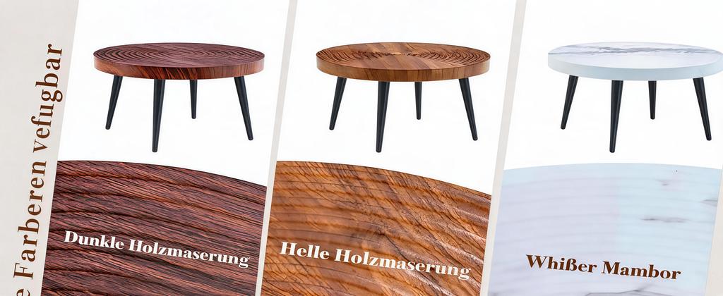 Round, Ginger-colored Coffee Table with Walnut Grain and Growth Rings, Reinforced Tabletop and Slim Black Metal Legs; Side Table for Small Apartments
