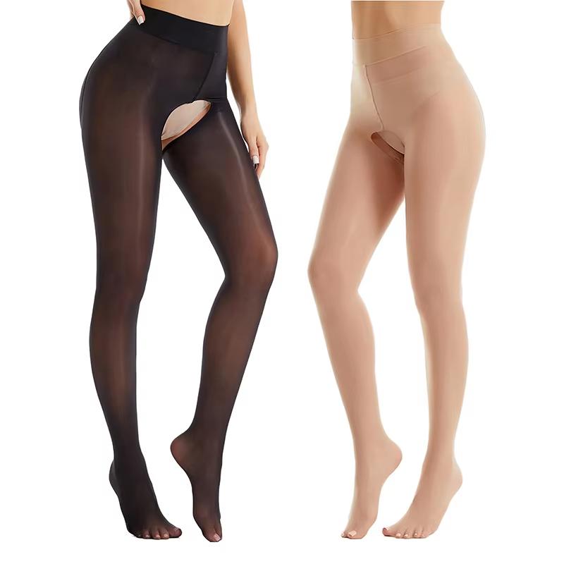 Nieuwe Glanzende Open Kruis Panty Hoge Taille Glinsterende Dunne Kousen Dames Sprankelende Olie Kousen Zonder Kruis Leggings M beige