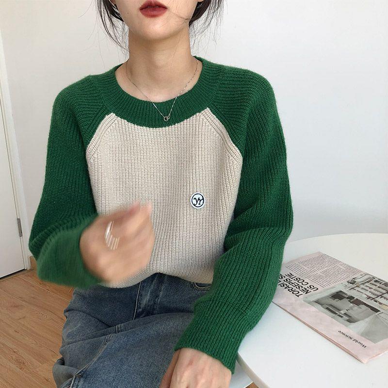 Women's Color-Block Crew Neck Raglan Sleeve Sweater Loose Outer-Wear Thickened Long-Sleeve Top Versatile Knitwear for Autumn & Winter