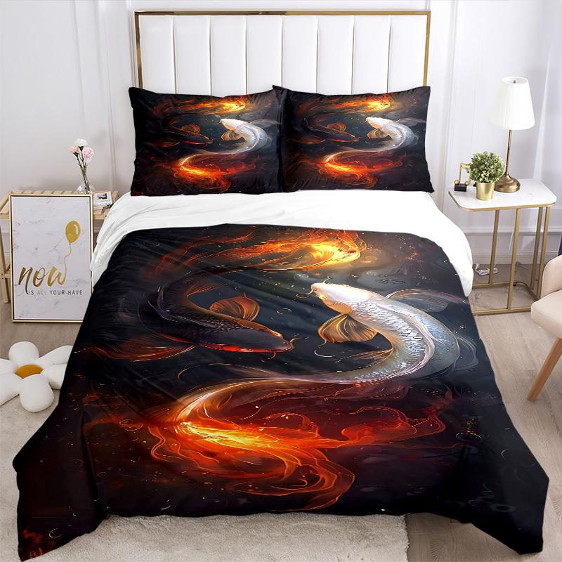 3pc Koi Fish Yin Yang Cover Set - 1 Quilt Cover + 2 Pillowcases, All Seasons Bedroom Setting, Perfect for Home037