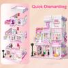 Mini City Street View Friends House Pink Wedding Dress Shop Modular Villa with Light MOC Architecture Building Block Set for Kid