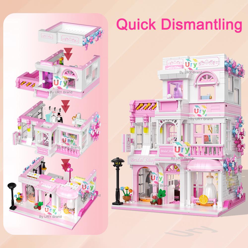 Mini City Street View Friends House Pink Wedding Dress Shop Modular Villa with Light MOC Architecture Building Block Set for Kid