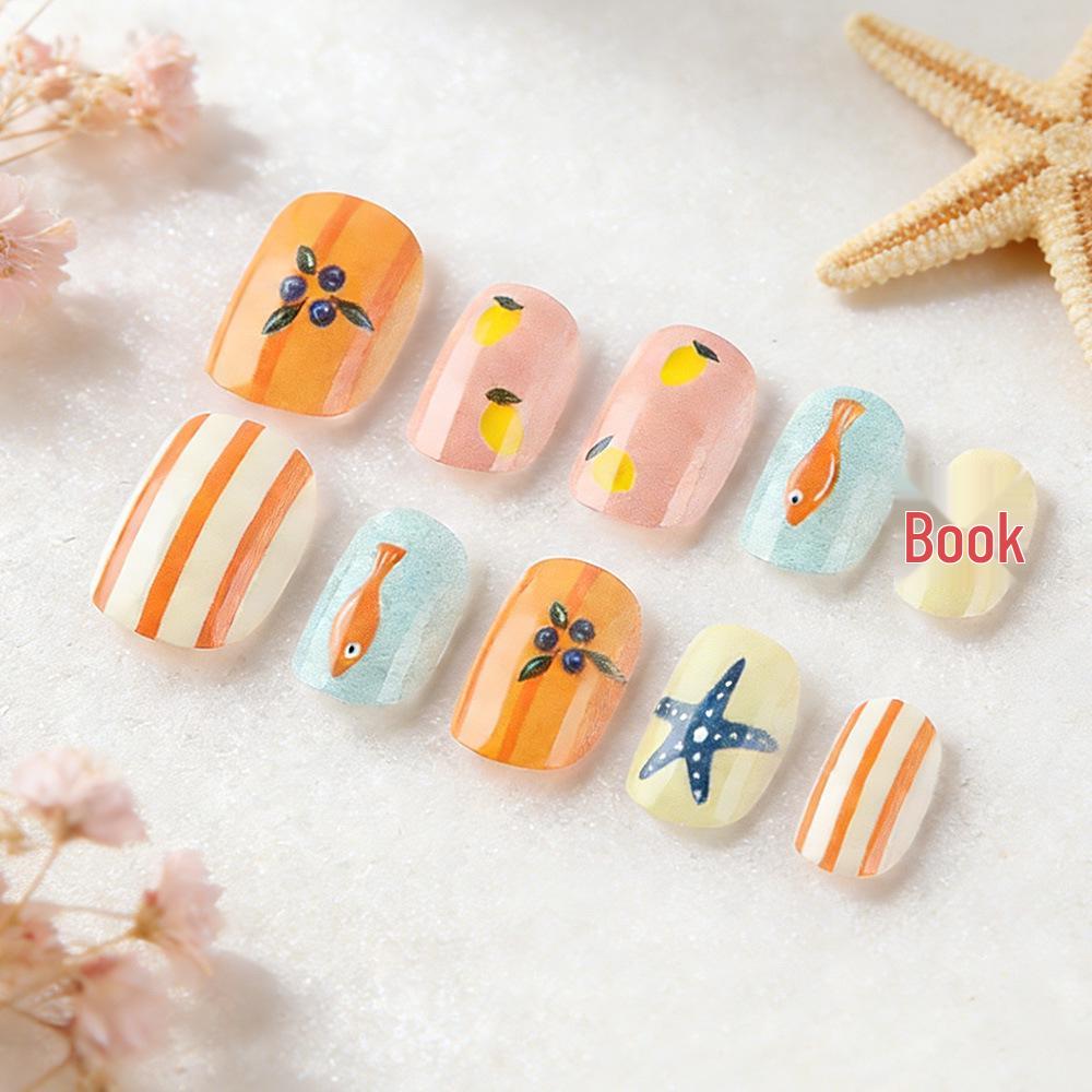 24-Piece Glossy Cartoon Nails – Summer Starfish & Fish Design