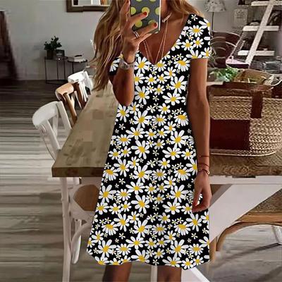 Summer Fashion Women's V Neck Short Sleeve Sunflower Printed  Dress Sex Short Skirt Dresses