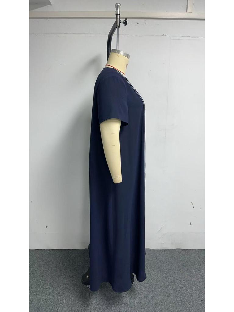 Plus Size V-Neck Slimming Dress: Tummy-Covering, Waist-Cinched with Wide Hem - New Summer Fashion