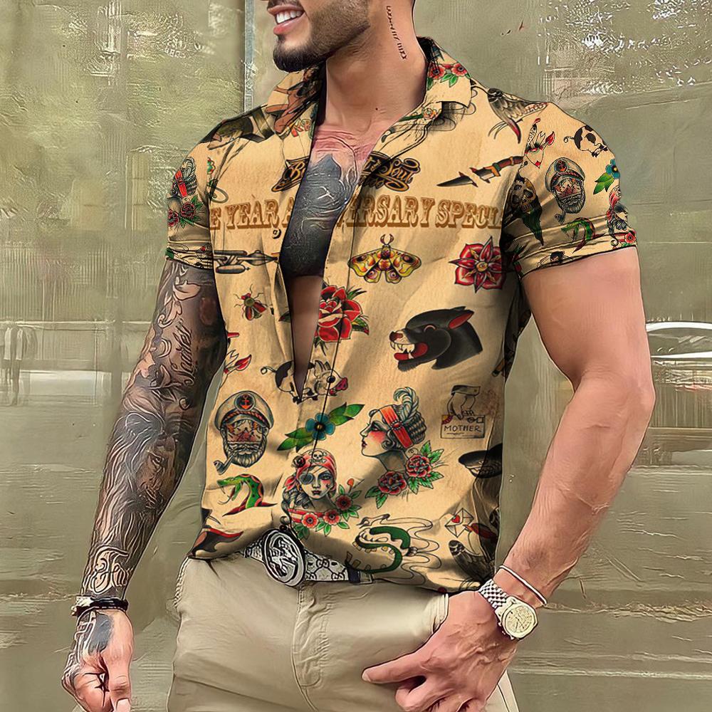 T-shirt con tatuaggio estivo Camicie hawaiane da uomo Marca Manica corta Top Magliette Camicetta casual da uomo Moda Camisas De Hombre Abbigliamento