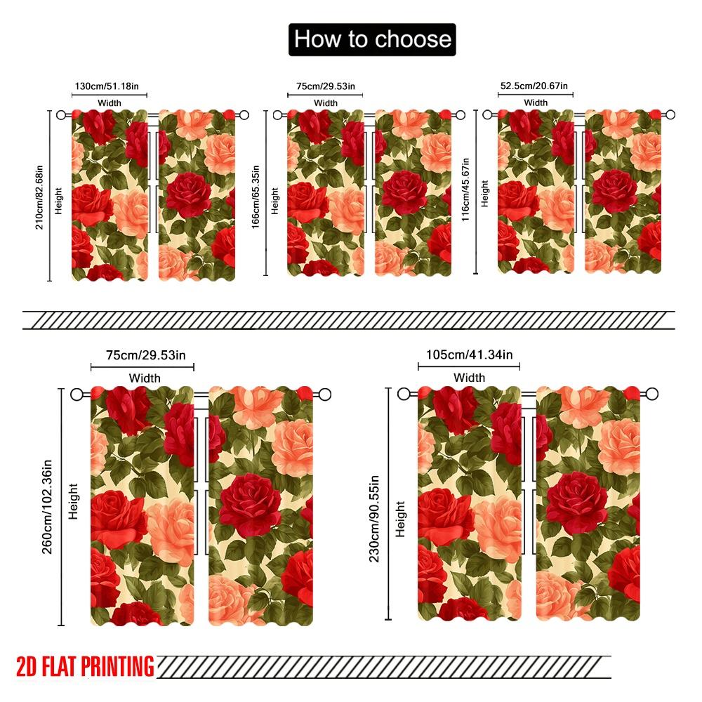 2 szt., drukowana tkanina zasłonowa 2D, czerwone i różowe róże, kwitnąca, wszechstronna, trwała, poliester (bez pręta) Świąteczny do Kuchni