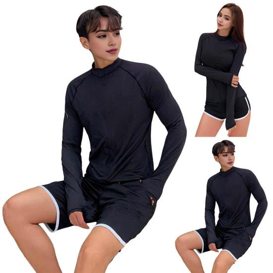 2 Pcs/Set Unisex Swimsuit Quick-drying Breathable Soft Leaf Print O Neck Long Sleeves Wetsuit Pockets Couple Surfing Clothes Diving Bathing Suit