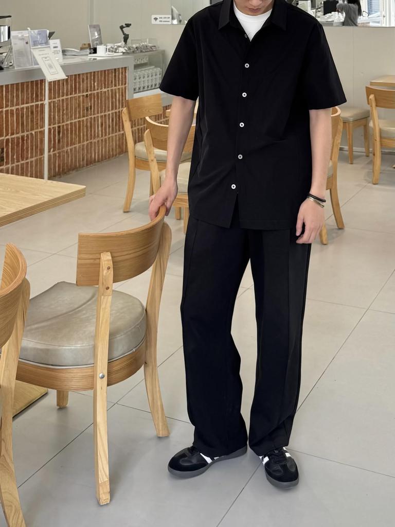 [CHANGE WELL] Men's 2025SS Fashion Summer Casual Lightweight Stretch 70D Nylon Quick-Drying Engineering Cut Short-Sleeve Shirt (BLACK, L)
