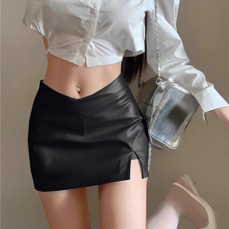 

Women s Plus Size High Waist Black Leather Midi Skirt with Slit 2XL