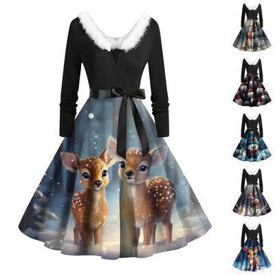 Vestido feminino vintage de manga comprida estampa de natal anos 1950 dona de casa festa à noite baile