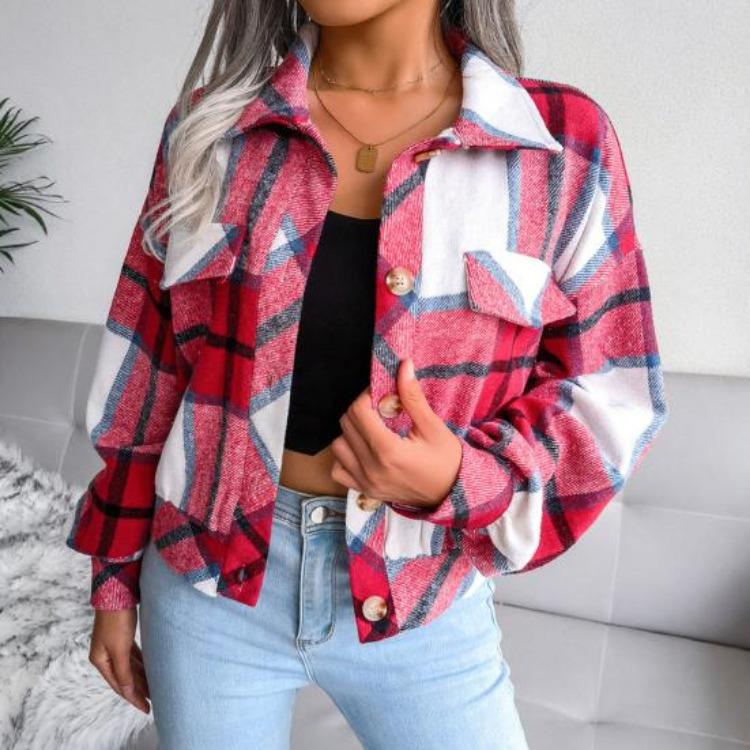 Women Loose Jacket Contrast Color Plaid Print Turn Down Collar Single Breasted Fake Pocket Long Sleeves Fall Spring Commuting