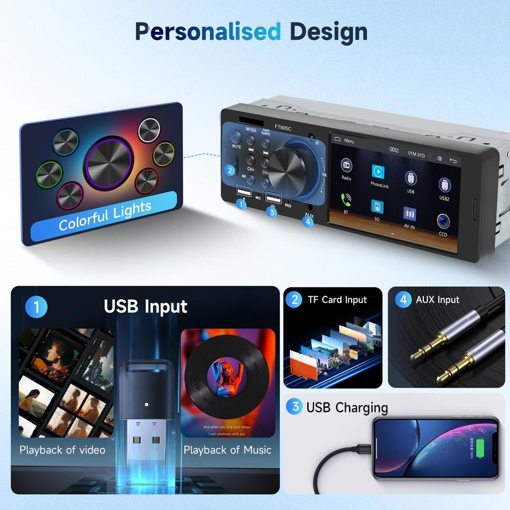 Hodozzy 1DIN Car Stereo, Bluetooth Compatible, CarPlay/Android Auto, Support Car Audio 4" Touch Screen,