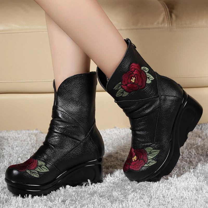 Fashion GKTINOO Embroidered Fashion Women Winter Genuine Leather Boots Handmade Vintage Slip-resistant Boots Wedges Shoes Woman
