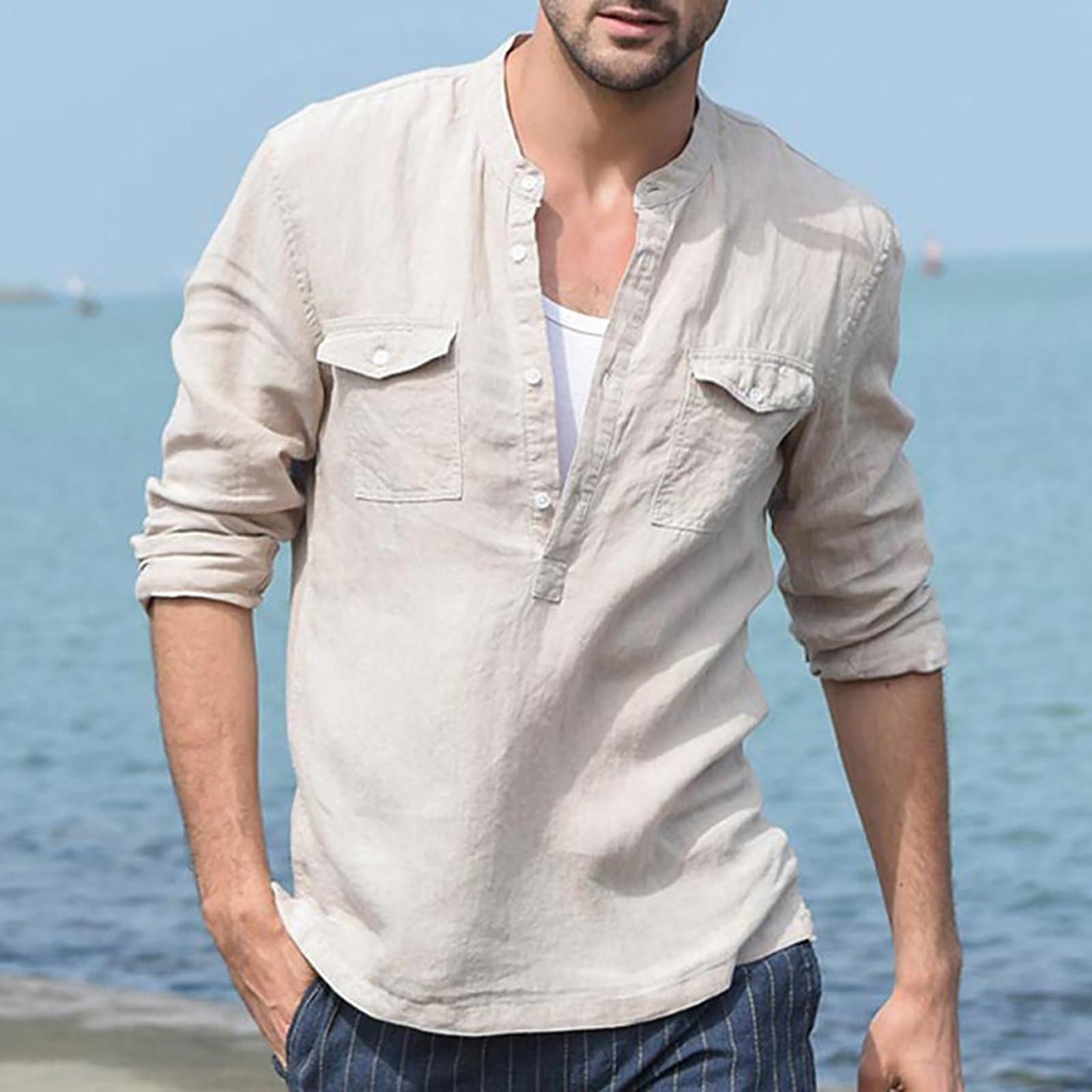 

Дизайнерские весенне-летние мужские повседневные рубашки из хлопка и льна, однотонные рубашки с длинными рукавами, свободные рубашки с воротником-стойкой M хаки