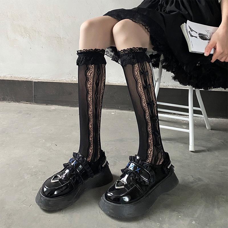 Solid Color Bowknot Hollow Lace Stockings Woman Summer Middle Tube JK Lolita Cute Socks Black White Fishnet Stockings for Women