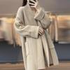 Loose Fit Mid Length Open Front Cardigan Sweater Coat for Women Lapel Long Sleeve Large Pockets Solid Color Outwear