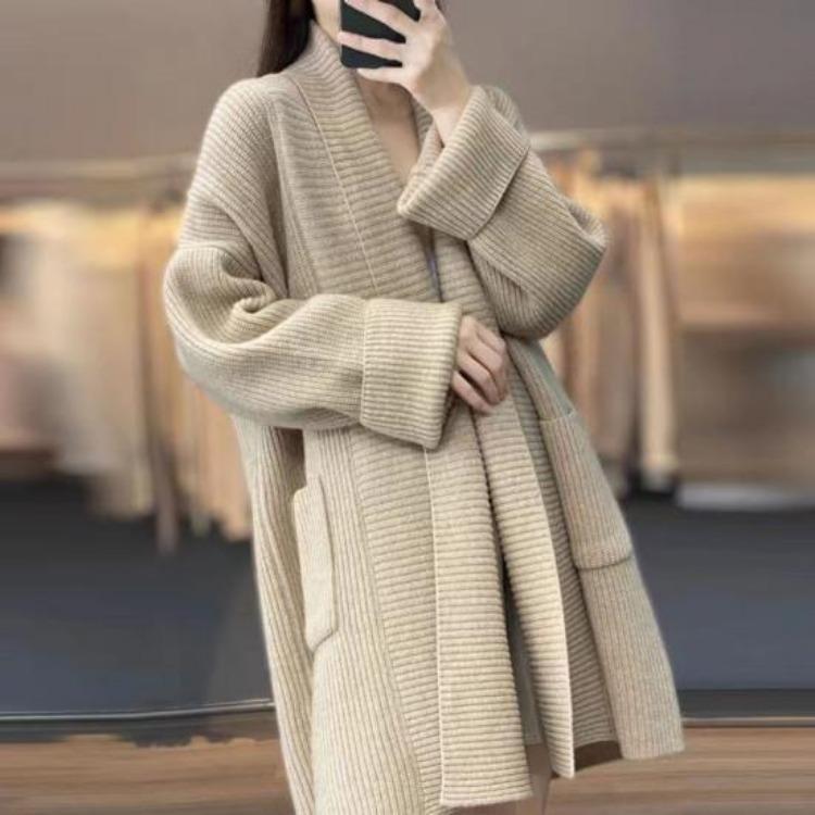 Loose Fit Mid Length Open Front Cardigan Sweater Coat for Women Lapel Long Sleeve Large Pockets Solid Color Outwear
