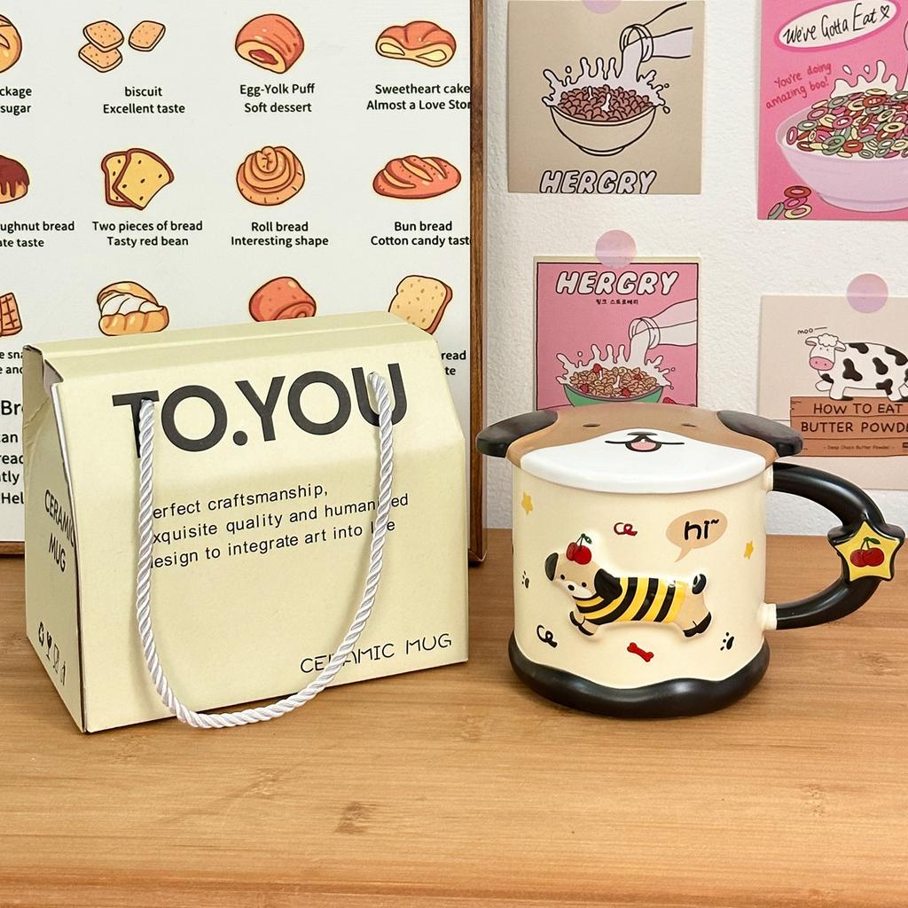 Smart Dachshund Dog Ceramic Cup Mug with Lid Student Water Cup Home Souvenir Birthday Gift Couple Cup