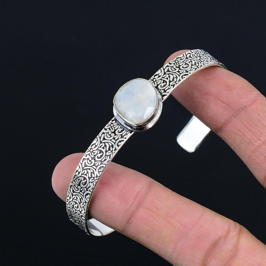 Natural Rainbow Moonstone Gemstone 925 Silver Bangle Adjustable For Girls
