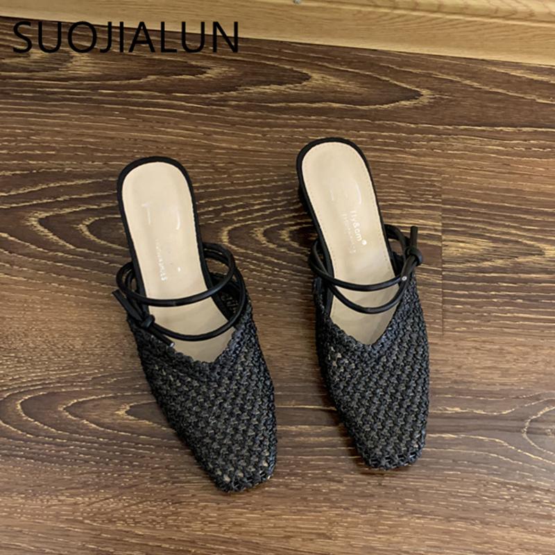 Fashion SUOJIALUN Summer New Women Slip On Mules Shoes Fashion Cane Weave Ladies Sandal Shoes Square Low Heel Outdoor Casual Slipper