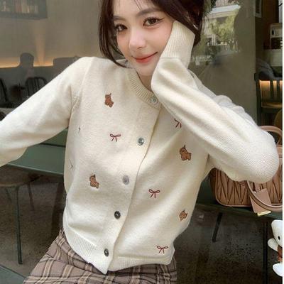 Gentle Bow Embroidery, Sweet Knitted Sweater, Cardigan Coat, Women's Design Sense