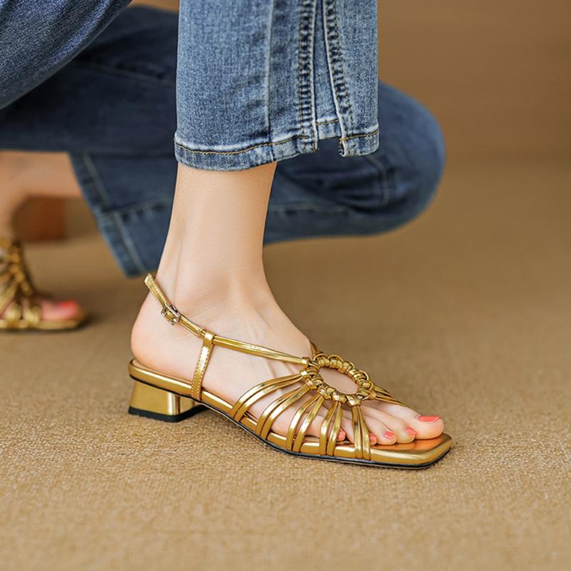 Fashion NEW Summer Women Sandals Square Toe Chunky Heel Shoes Split Leather Shoes for Women Narrow Band Buckle Strap Modern Sandals