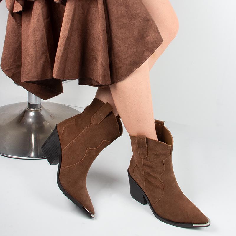 European & American Plus Size Women's Suede Ankle Boots - Pointed Toe, Mid Chunky Heel, Western Style, V-Cut Design.