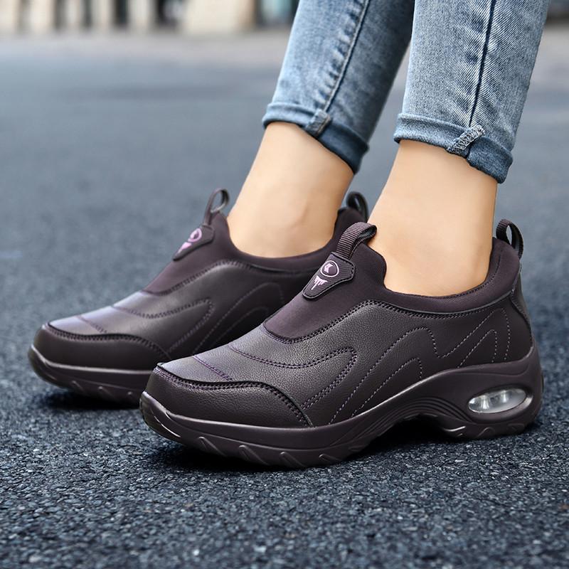 Fashion Air-cushion Walking Shoes for Women PU Leather Casual Sports Shoes Waterproof Ladies Slip-on Outdoor Shoes