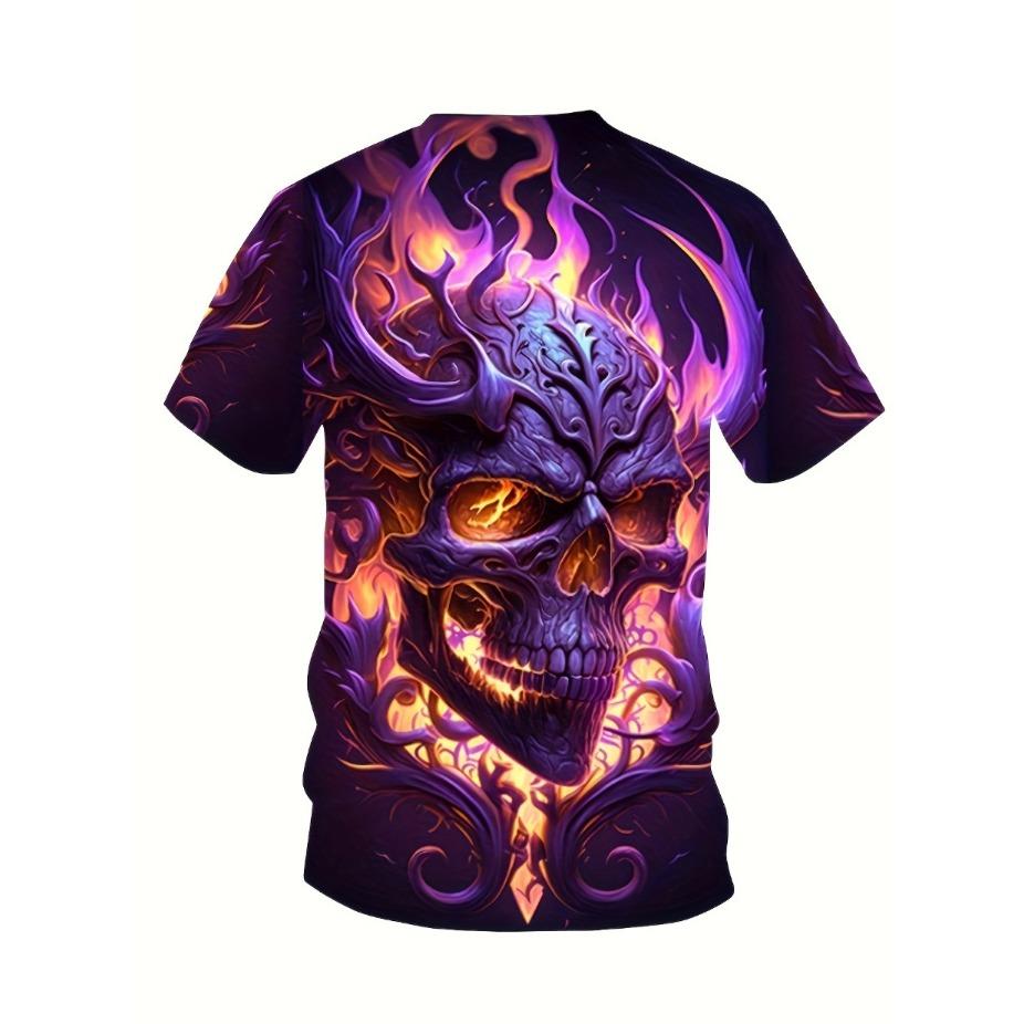Plus Size Men's 3D Glow Skull & Flames Graphic Print T-shirt Funky Short Sleeve Tees For Summer, Halloween Men's Clothing