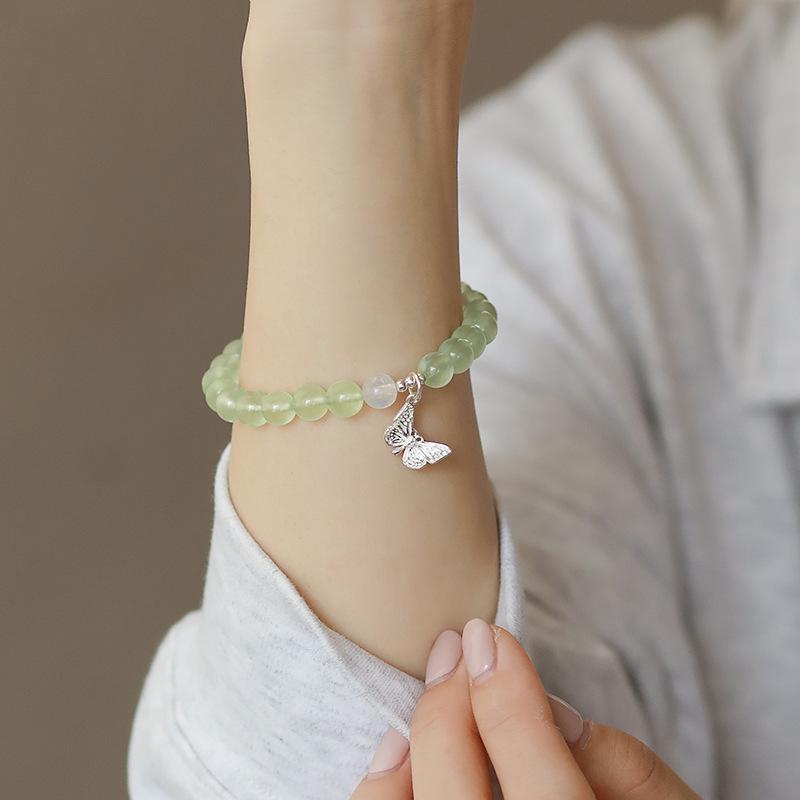 

Elegant Prehnite Butterfly Bracelet: S925 Silver, Natural Crystal Beads, Fairy Style Jewelry for Women 13cm-14cm Wrist