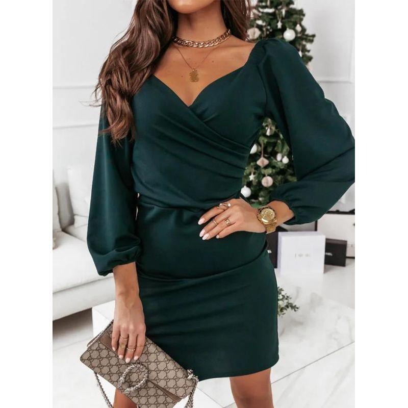 

Red V-neck Slim-Fit Long Sleeve Dress Green S
