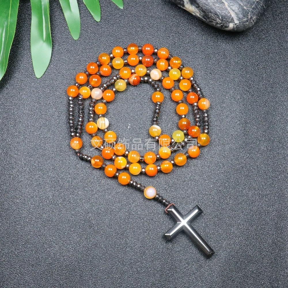 Collier pendentif croix en pierre naturelle, Croix en pierre d'œil de tigre et fer à bille chapelet collier pour homme