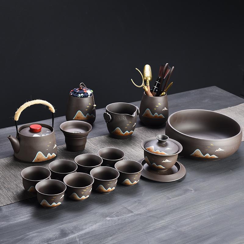 Purple sand Kung Fu tea set, tea wash six gentlemen distant mountain lifting beam pot, teapot cover bowl business gift tea set