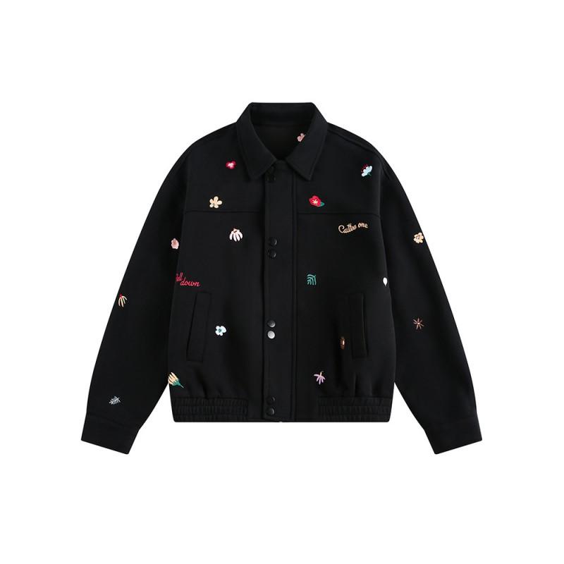 Unisex Vintage Short Cropped Jacket With Embroidered Floral Detail Cotton Zip-Up Hooded Outerwear Casual Wear